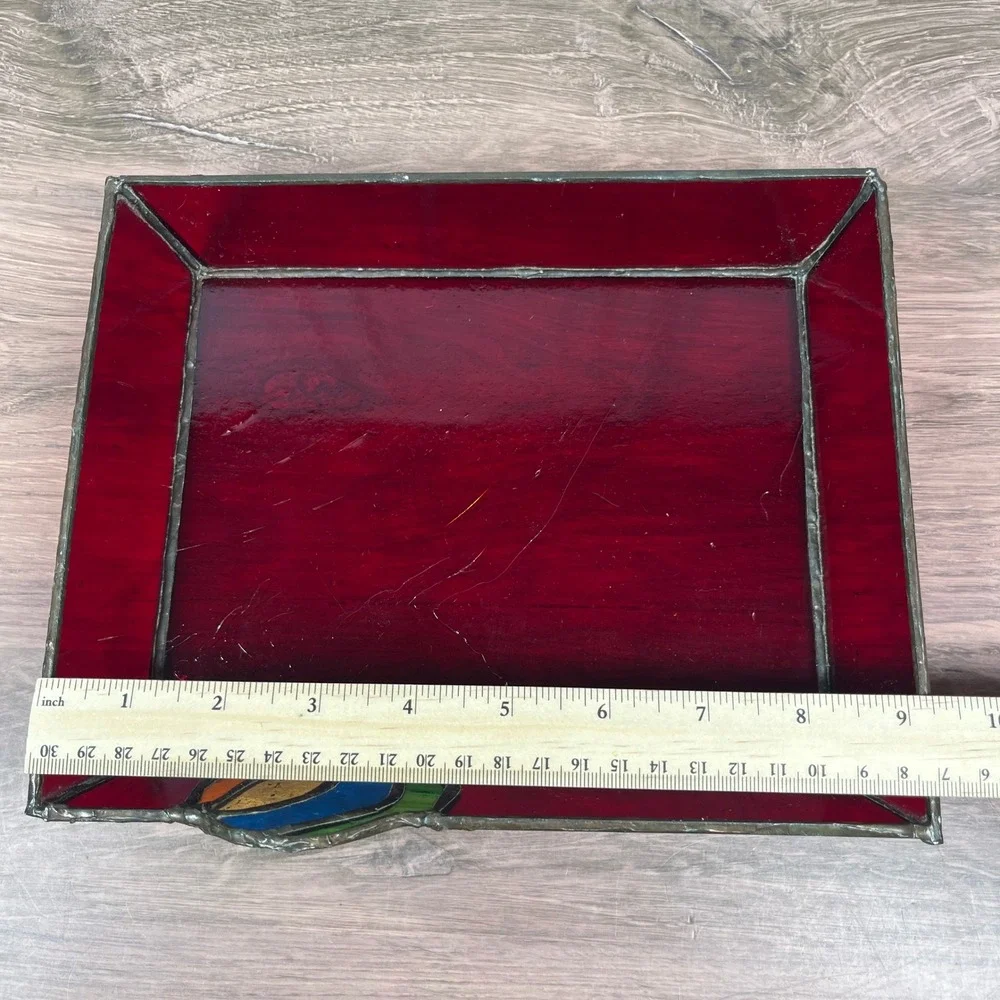 Stained Glass Vanity Catch Tray Red Art Deco Floral Catchall Dish